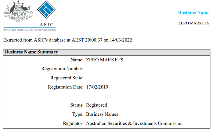Zero Markets ASIC Regulation
